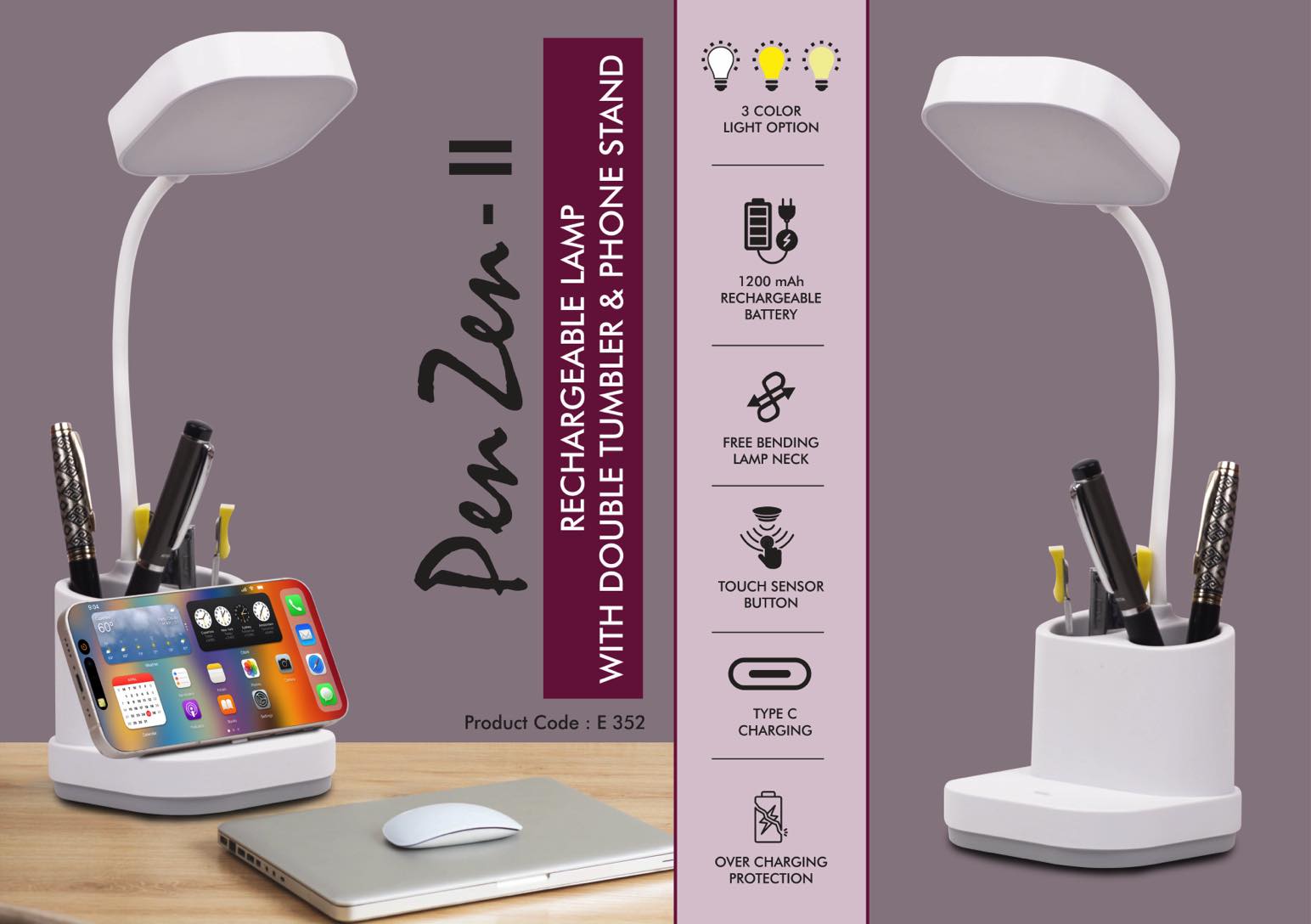PenZen II- Rechargeable lamp with Double tumbler and Phone stand - 3 Color light with Brightness adjustment - Type C Charging