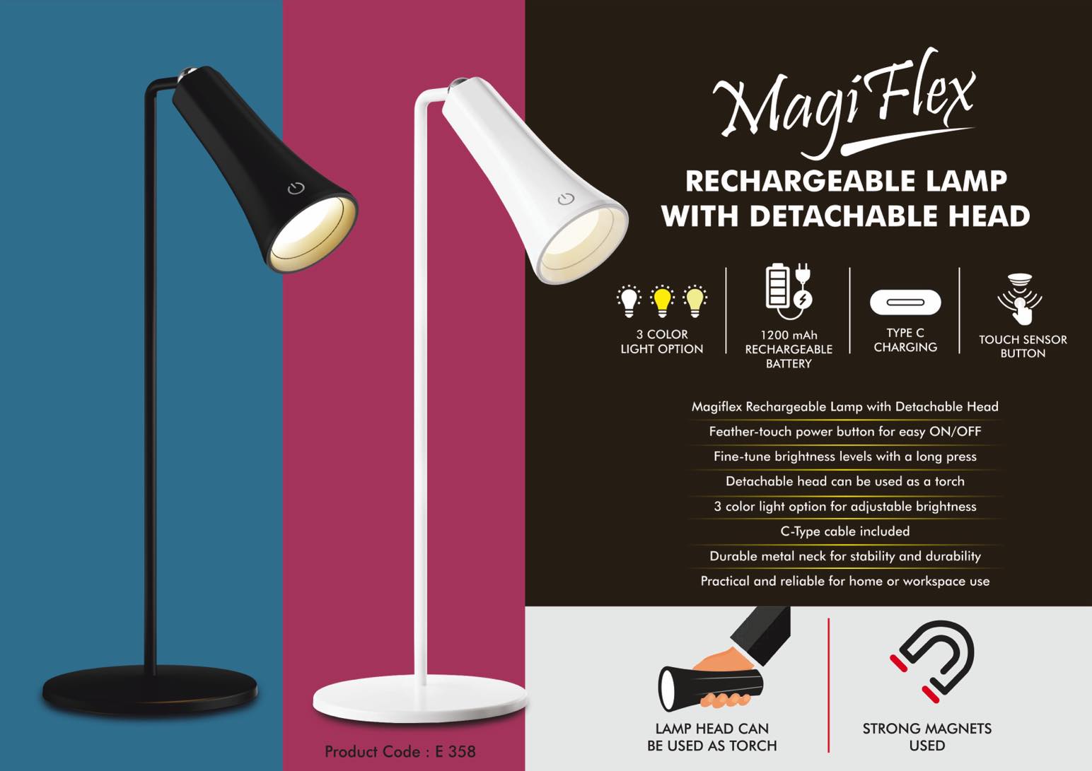 MagiFlex- Rechargeable Lamp with Detachable Head - 3 color light - Detachable head to use as torch - Durable metal neck
