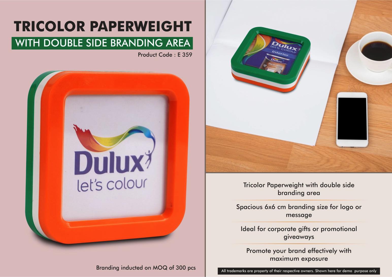 Tricolor Paperweight with Double Side branding area - Branding size 6x6 cm approx - Branding MOQ 300 pc