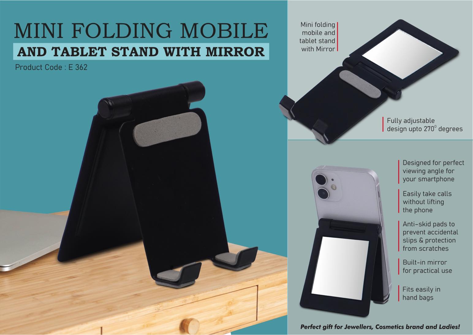 Mini metal folding mobile and tablet stand with Mirror - Adjustable to any desired angle