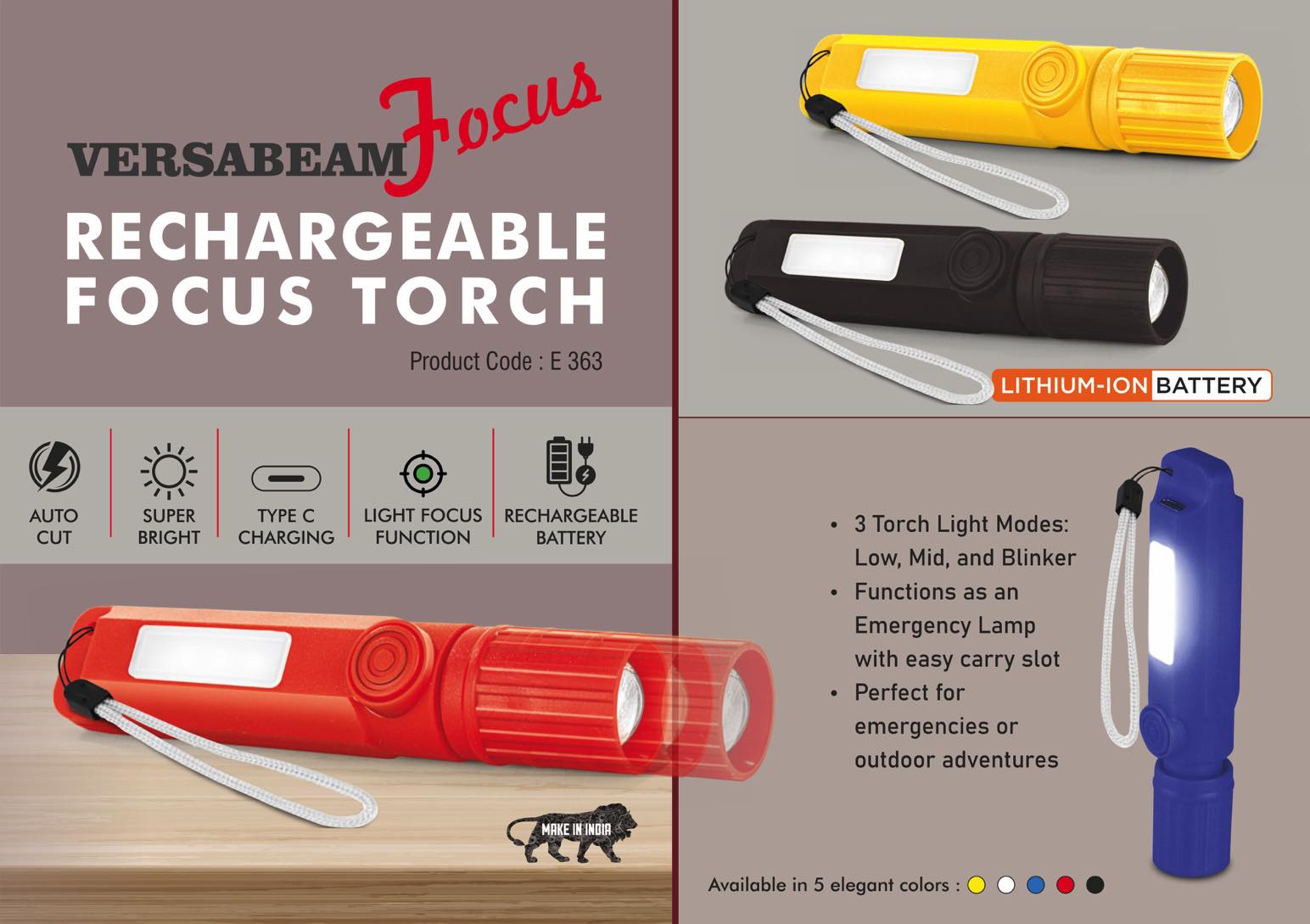 VersaBeam Focus - Rechargeable Focus Torch with 2 Light modes, Blinker and Emergency Lamp - Type C Charging - With Carabiner