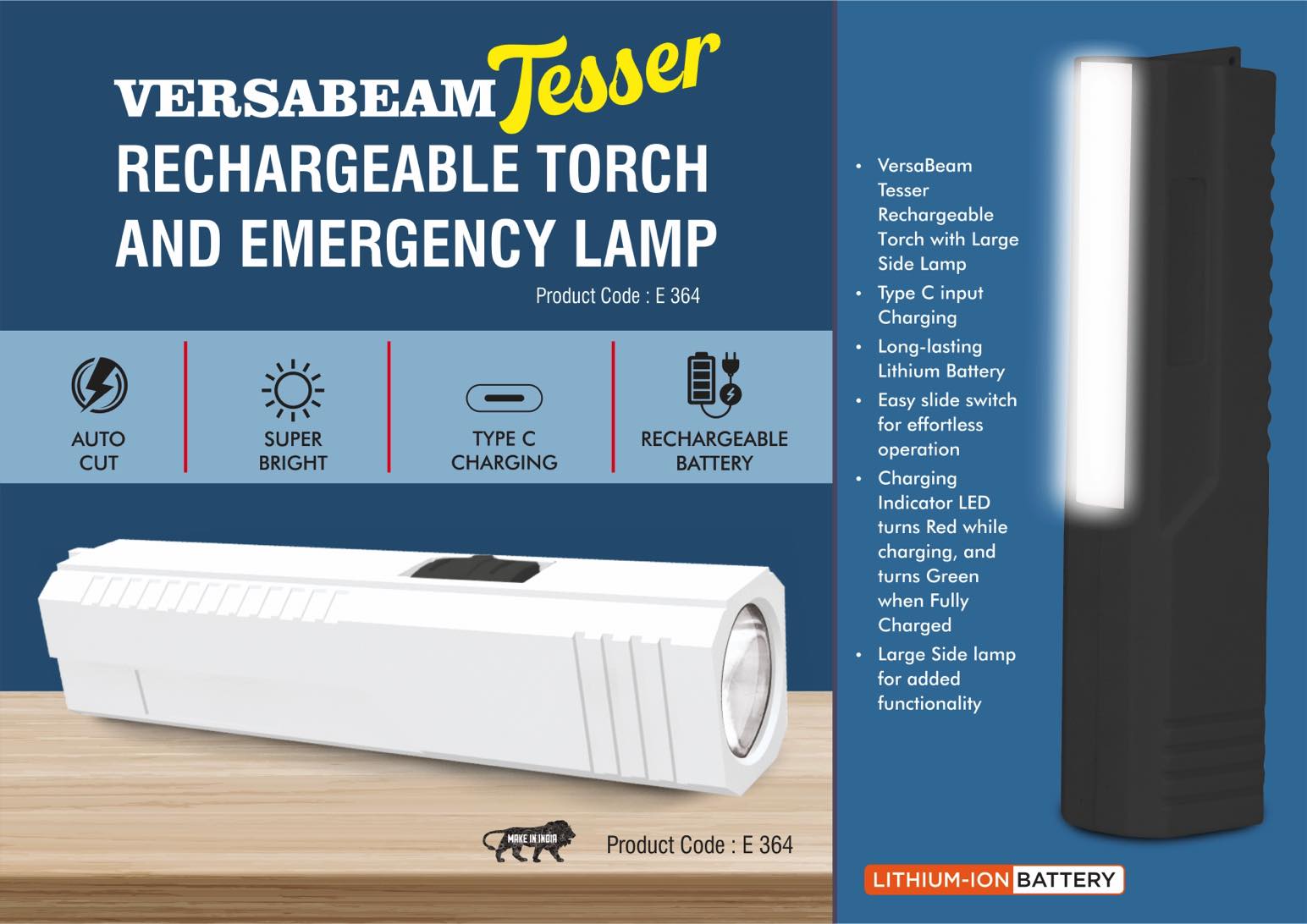 VersaBeam Tesser- Rechargeable Torch with Emergency Lamp - Type C Charging