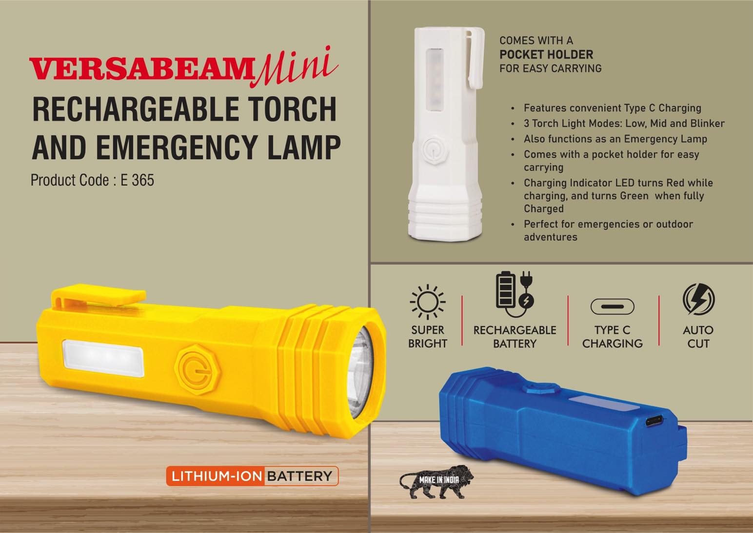 VersaBeam Mini- Rechargeable Torch with 2 Light modes, Blinker and Emergency Lamp - Type C Charging - With Pocket Clip
