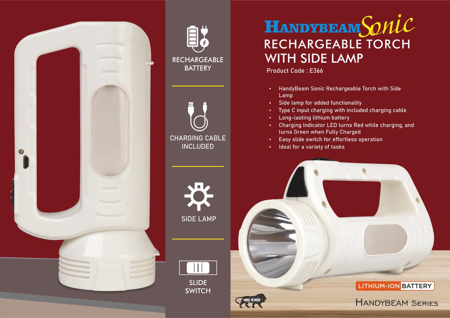 HandyBeam Sonic- Rechargeable Torch with Side Lamp - Charging Cable included