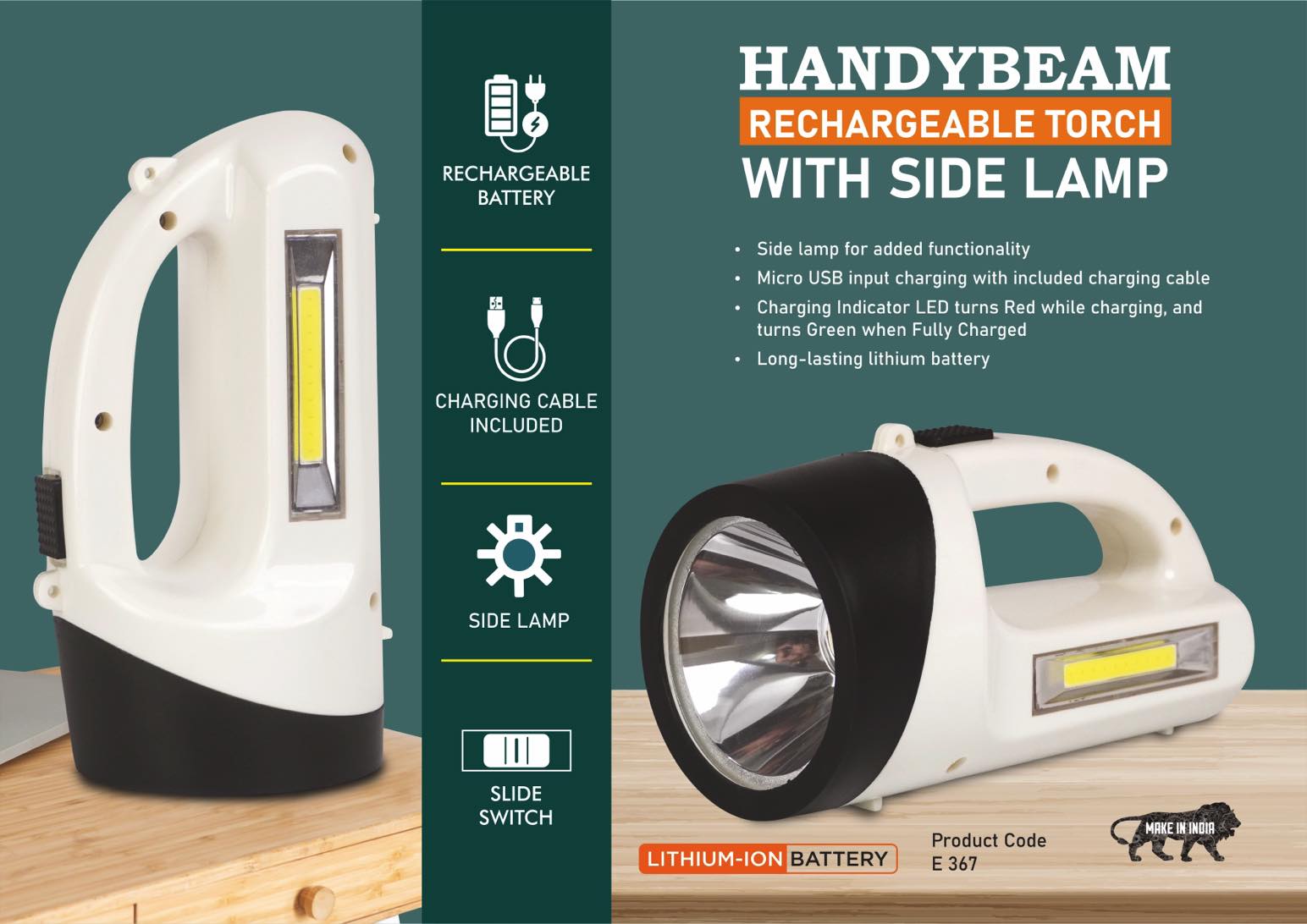 HandyBeam:- Rechargeable Torch with Side Lamp - Charging Cable included