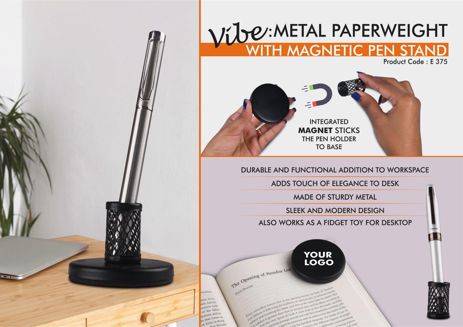 Vibe- Metal Paperweight with Magnetic Pen Stand