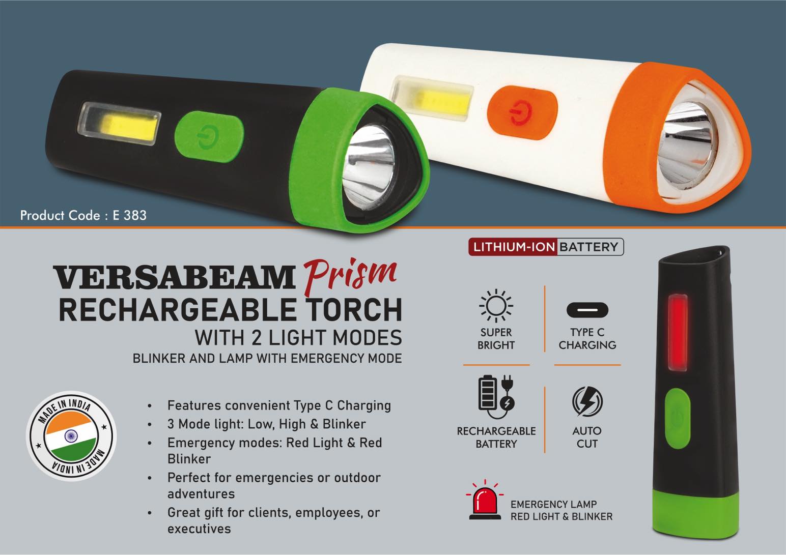 VersaBeam Prism-Rechargeable Torch with 2 light modes, Blinker and Lamp with Emergency mode - Type C Charging