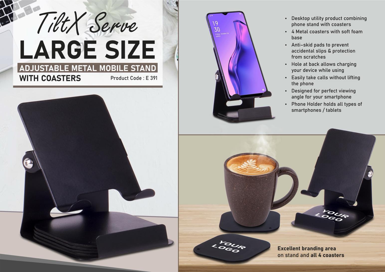 TiltX Serve- Large size Adjustable metal mobile stand with table coasters | 4 metal coasters