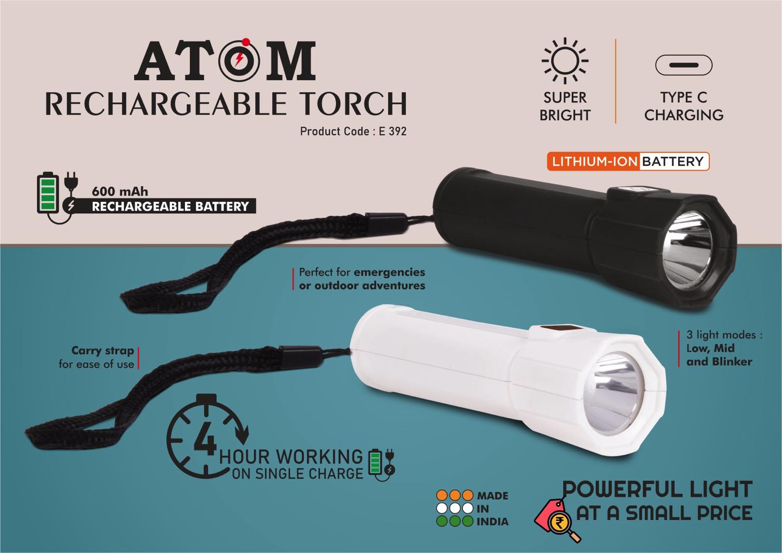 Atom- Rechargeable torch with Type C charging - 600 mah battery - 4 hour working on single charge