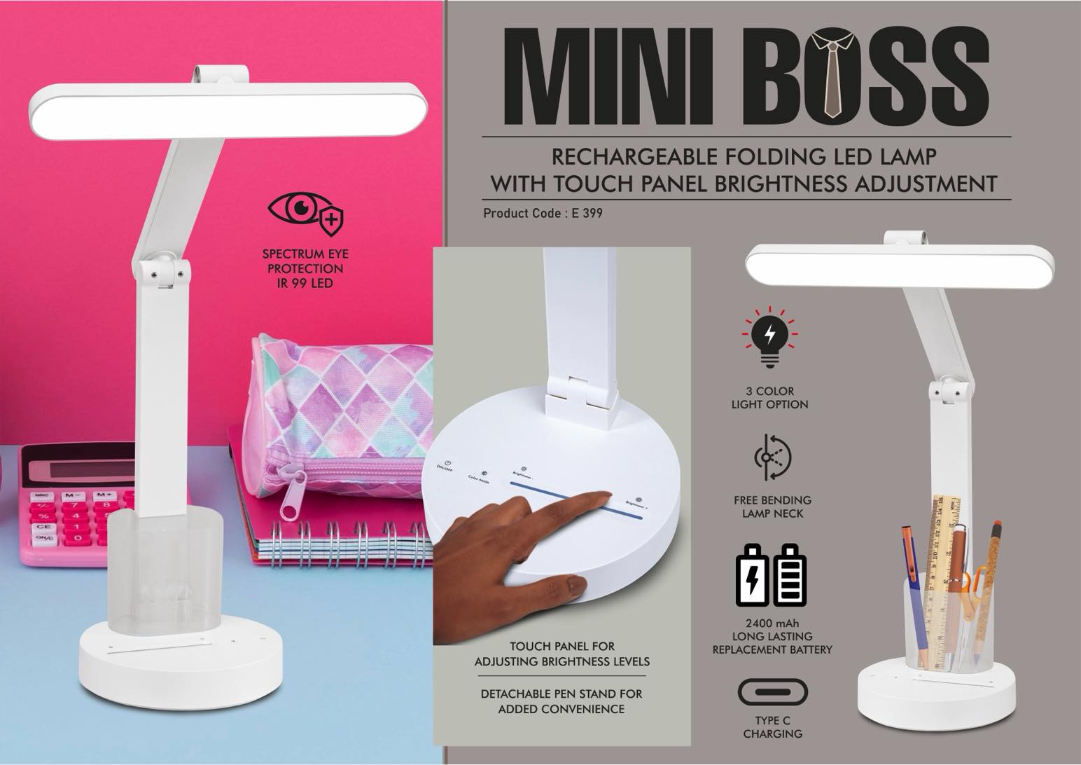 Mini Boss - Rechargeable Folding LED lamp with Touch panel Brightness adjustment - Detachable pen stand - 3 Color light option