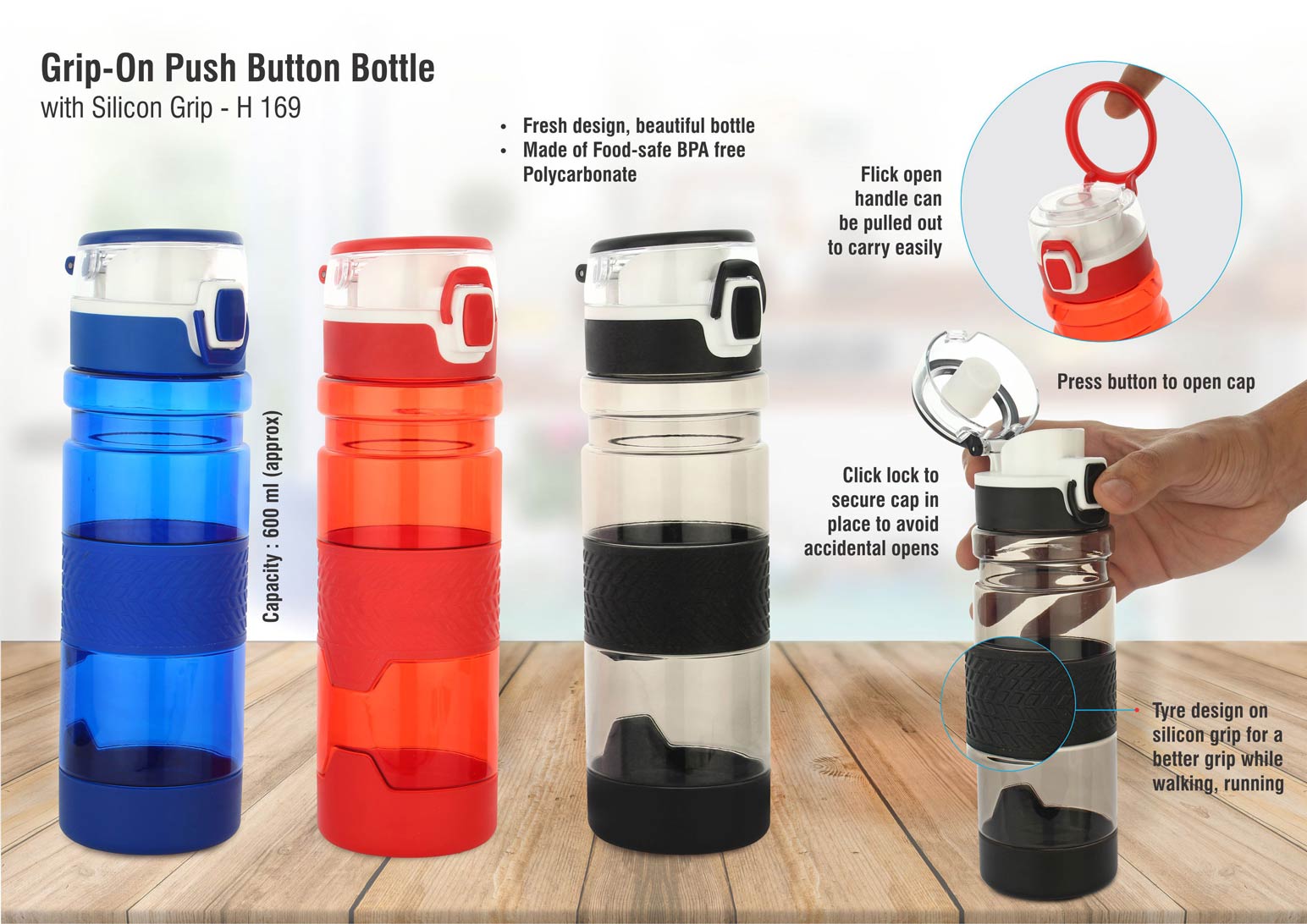 Grip-On Push button water bottle with silicon grip (600ml approx) Made from Tritan BPA free