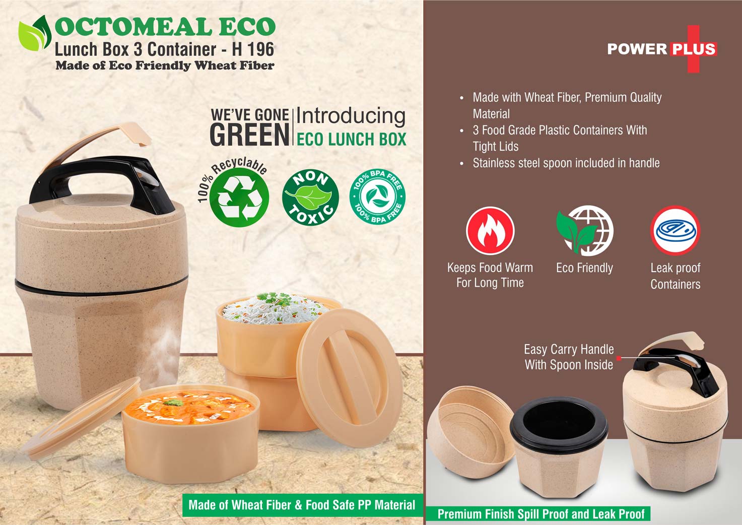 Octomeal Eco - 3 Plastic container lunch box with spoon - Made from Eco friendly material