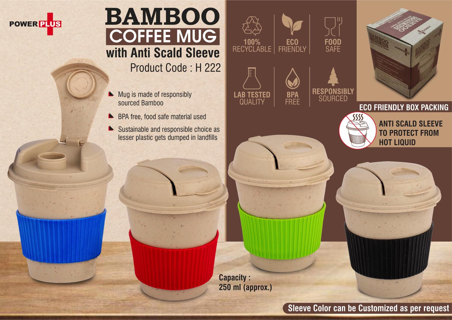 Bamboo Coffee mug: Eco friendly mug with flip top Lid and Anti-Scald sleeve - Capacity 250 ml