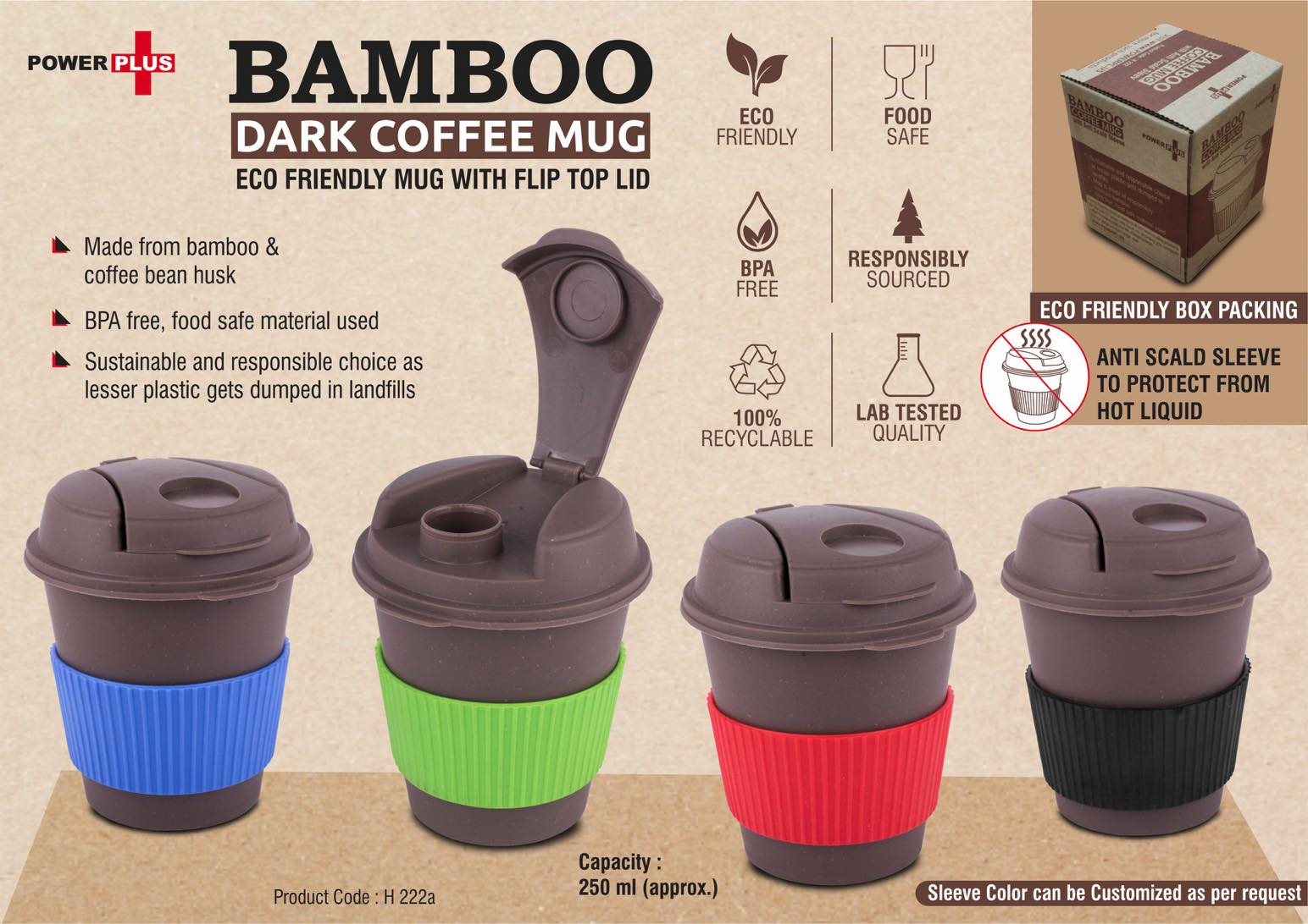 Bamboo Dark Coffee mug- Eco friendly mug with flip top Lid and Anti-Scald sleeve - Capacity 250 ml