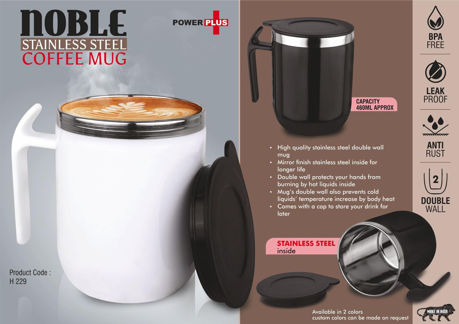 Noble- Stainless Steel Double wall Coffee mug with Pointy handle - Leakproof - Capacity 460ml approx