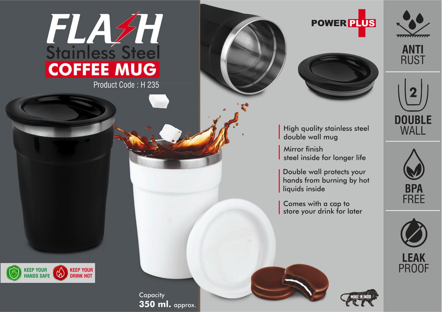 Flash- Stainless Steel Coffee mug - 4 panel design - Leakproof - Capacity 350ml approx