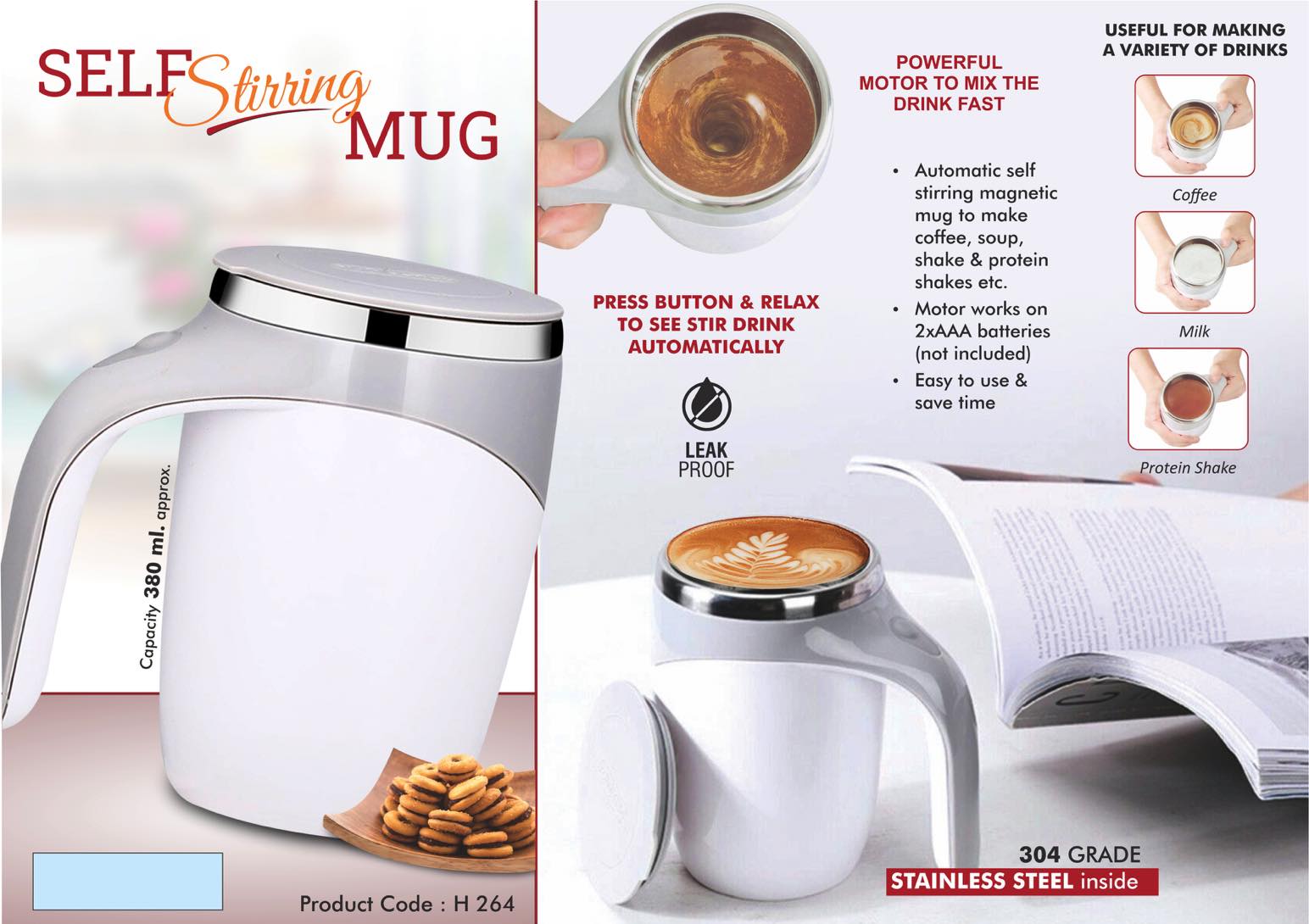 Self Stirring mug - 304 grade steel inside - Capacity 380 ml approx