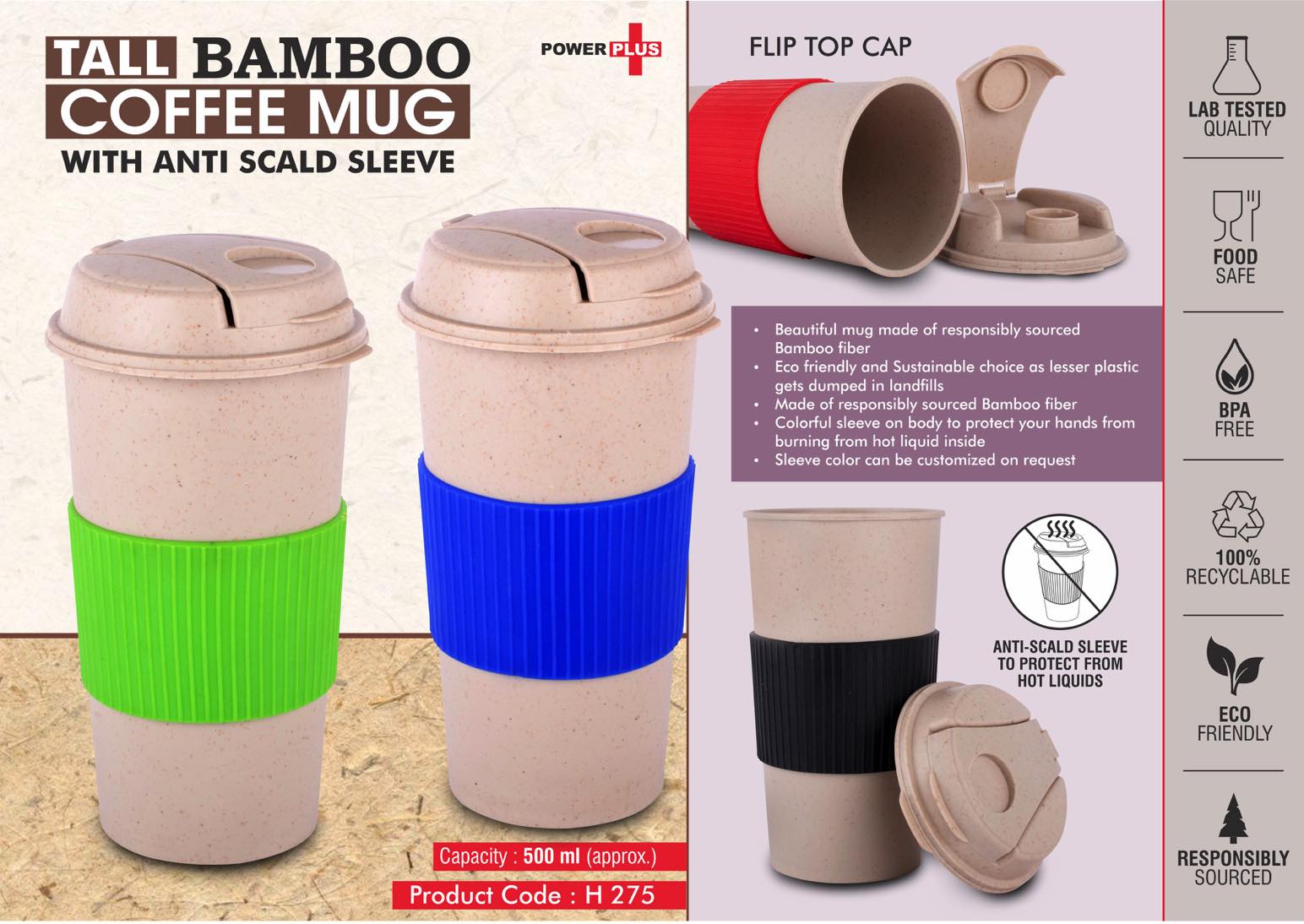 Tall Bamboo Coffee mug- Eco friendly mug with flip top Lid and Anti-Scald sleeve - Capacity 500 ml