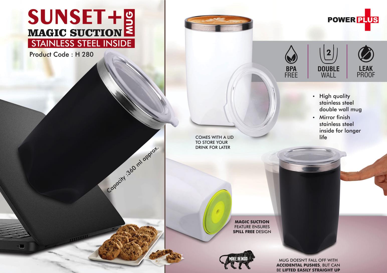 Sunset+ - Magic Suction Mug with Stainless Steel inside - Spill proof design - Leak Proof Lid - BPA Free - Capacity 360 ml approx