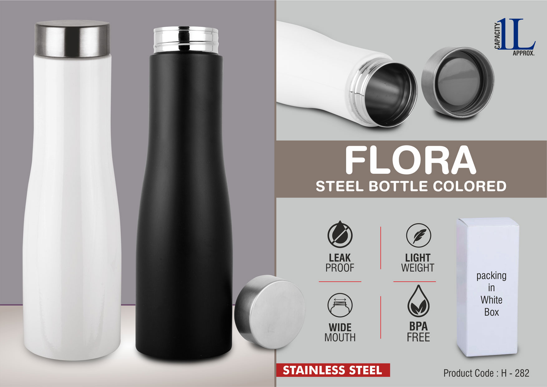 Flora single wall Steel bottle Colored - Capacity 1L approx