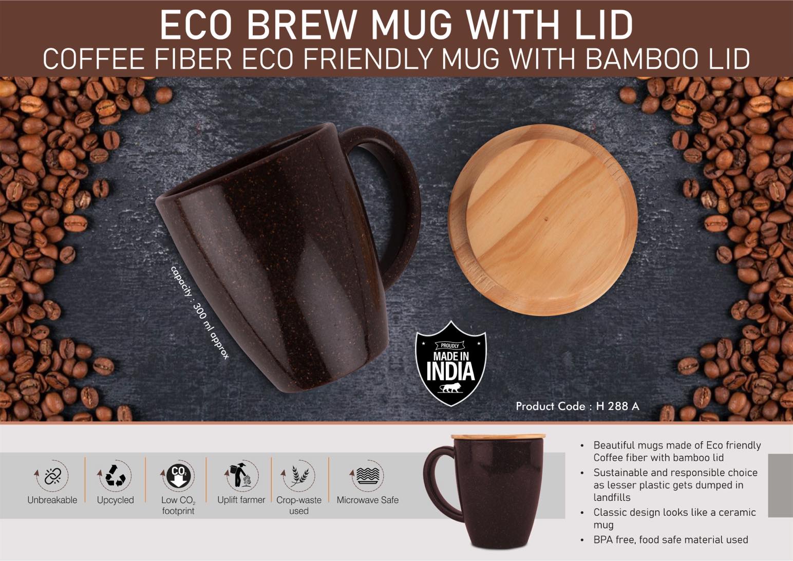 EcoBrew Mug with Lid - Coffee Fiber Eco Friendly Mug with Bamboo Lid - Capacity 300ml approx
