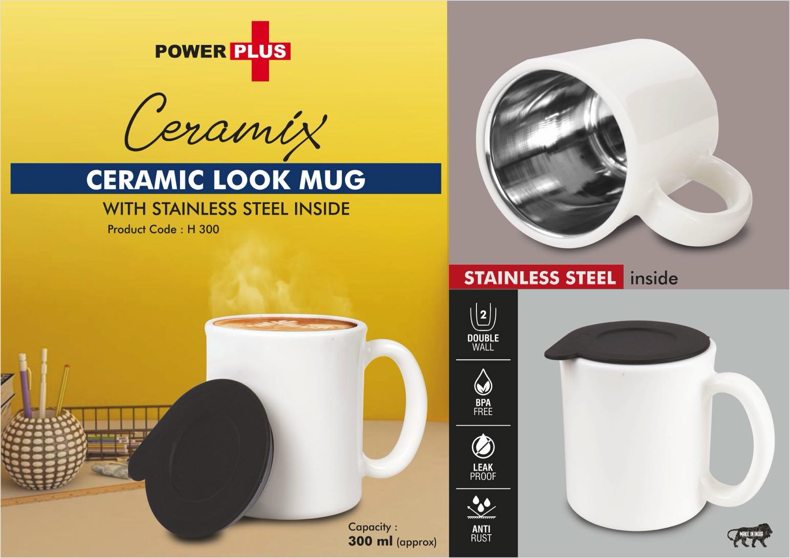 Ceramix - Ceramic Look mug with Stainless Steel inside - Lid included - Capacity 350ml approx