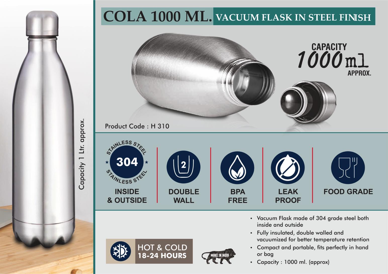 Cola 1000 ml Vacuum flask in Steel Finish - 304 steel inside and outside - 18 hours hot/cold