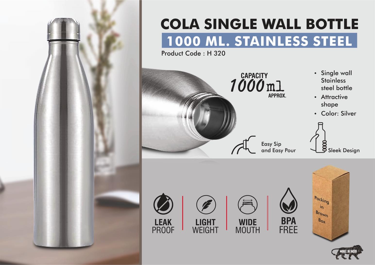 Cola Single Wall Steel bottle 1L -Natural