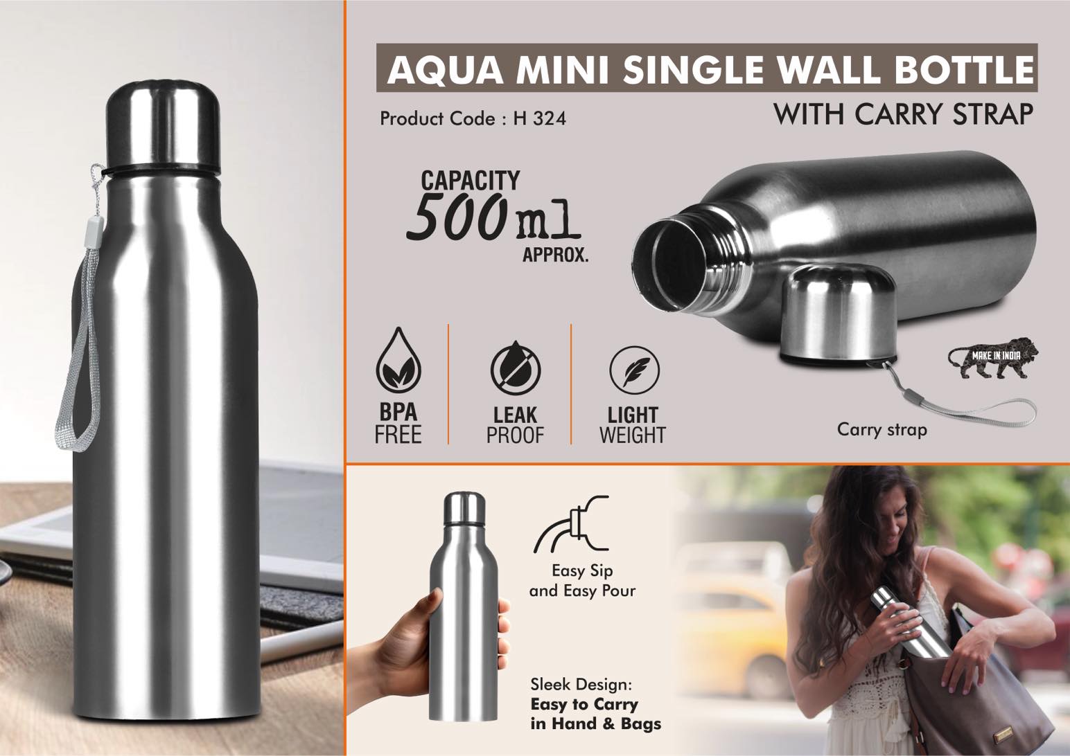 Aqua Mini Single Wall Steel Bottle with Carry strap