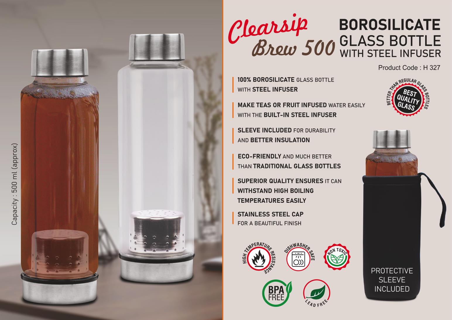 ClearSip Brew 500- Borosilicate Glass Bottle with Steel Infuser - Steel cap -Capacity 500ml