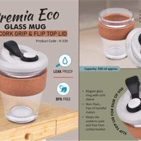 Premia Eco-Glass mug with Cork grip & Flip Top lid - Capacity- 350 ml