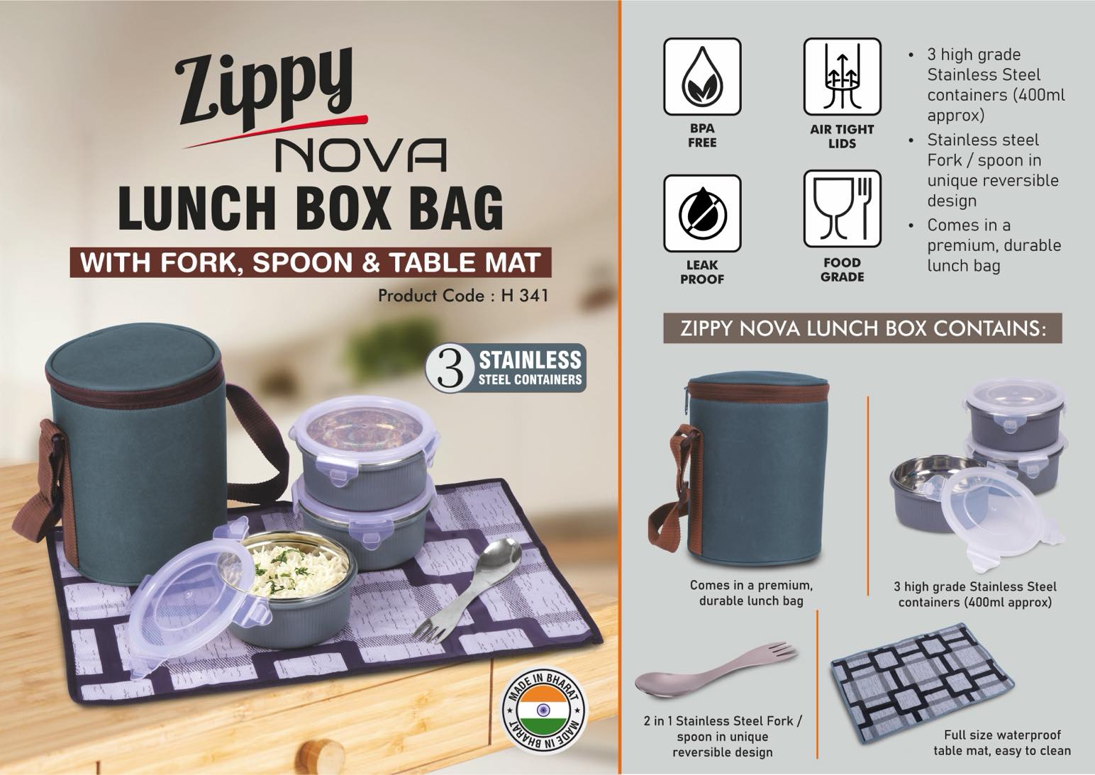 Zippy Nova- Lunch box bag with 3 Stainless steel containers, Fork, Spoon, Tablemat