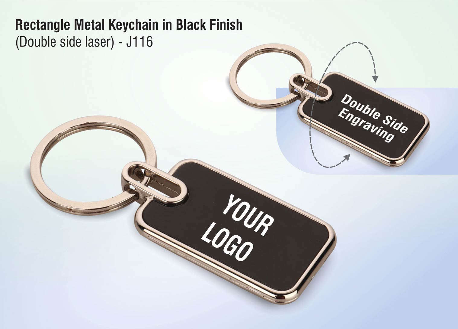 Rectangle metal keychain in Black finish (Double side laser)