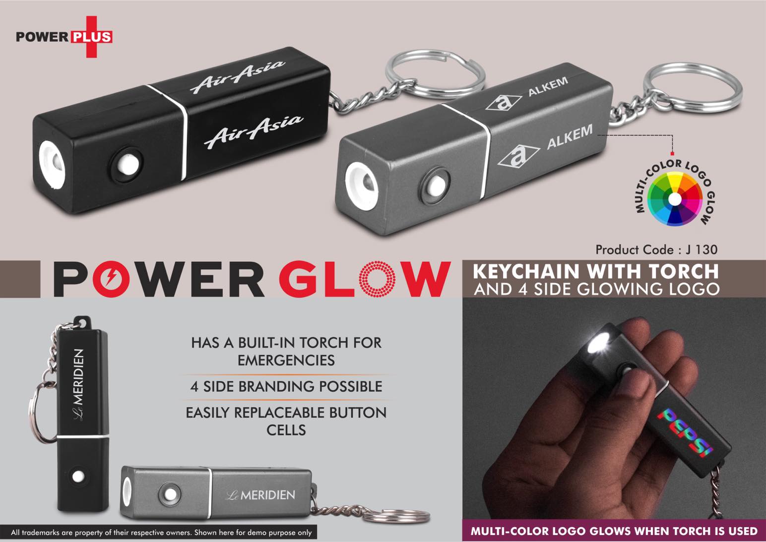PowerGlow keychain with Torch and 4 side Glowing Logo