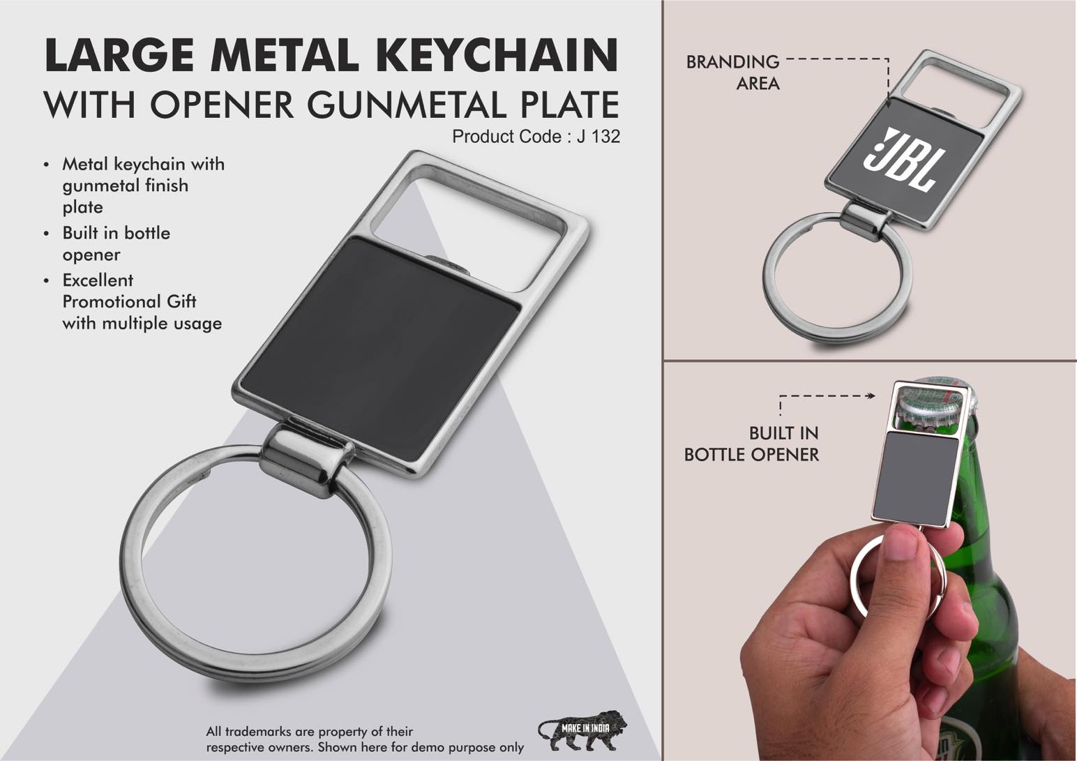 Large metal keychain with opener - Gunmetal plate