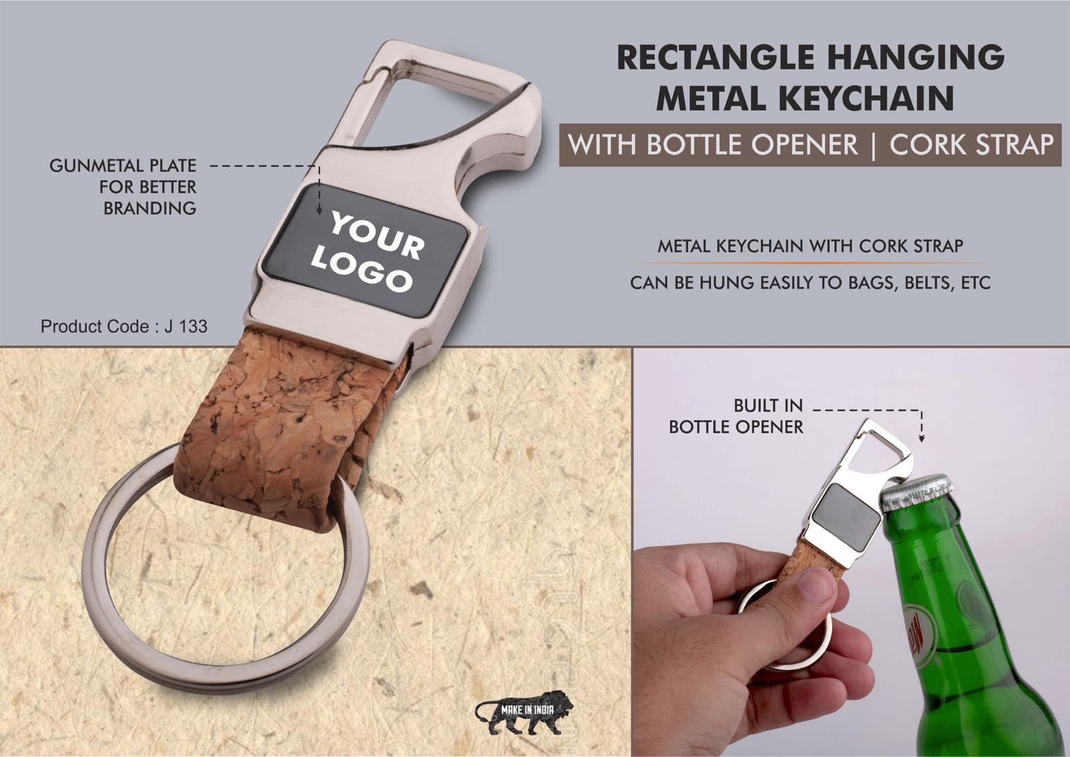 Rectangle hanging metal keychain with Bottle Opener - Cork strap