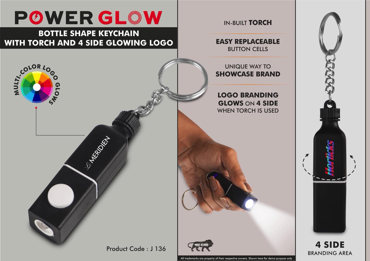 PowerGlow Bottle shape keychain with Torch and 4 side Glowing Logo