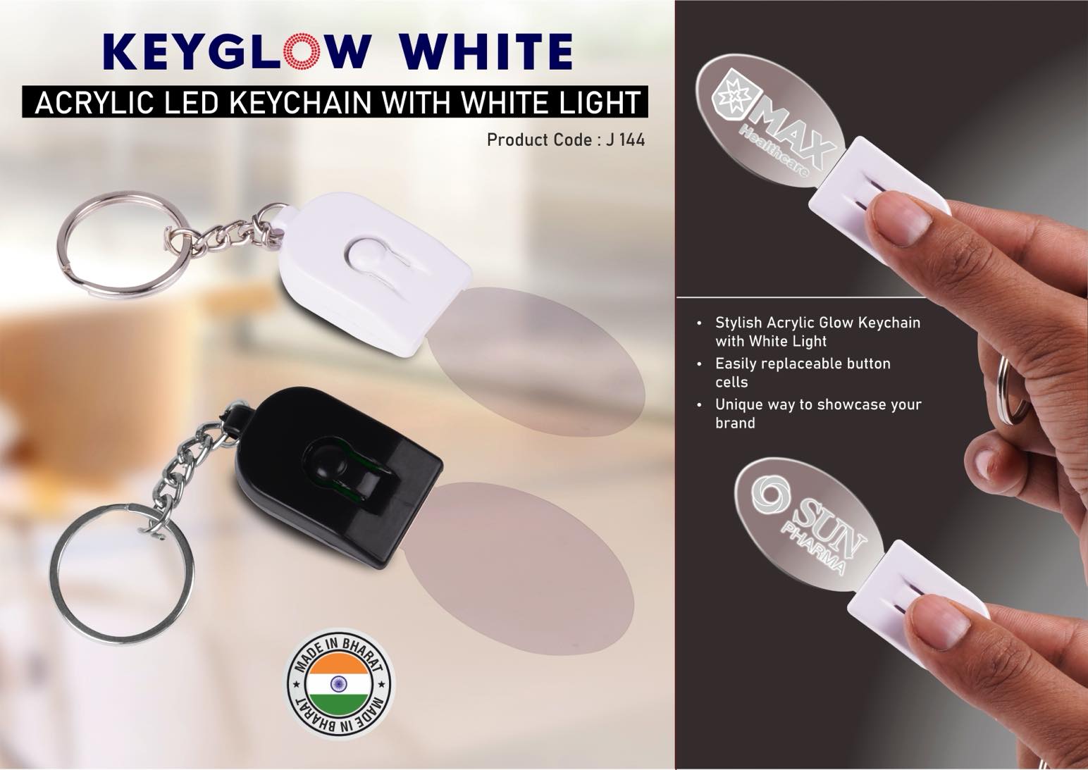 Keyglow White- Acrylic LED Keychain with White Light - Oval shape