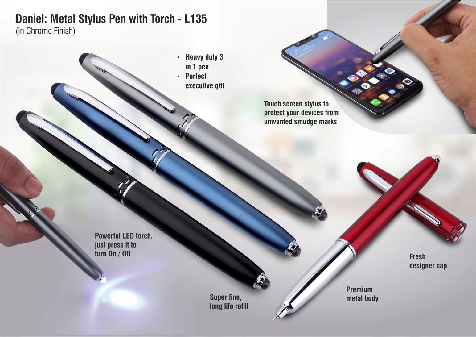 Daniel Metal stylus pen with torch (chrome finish)