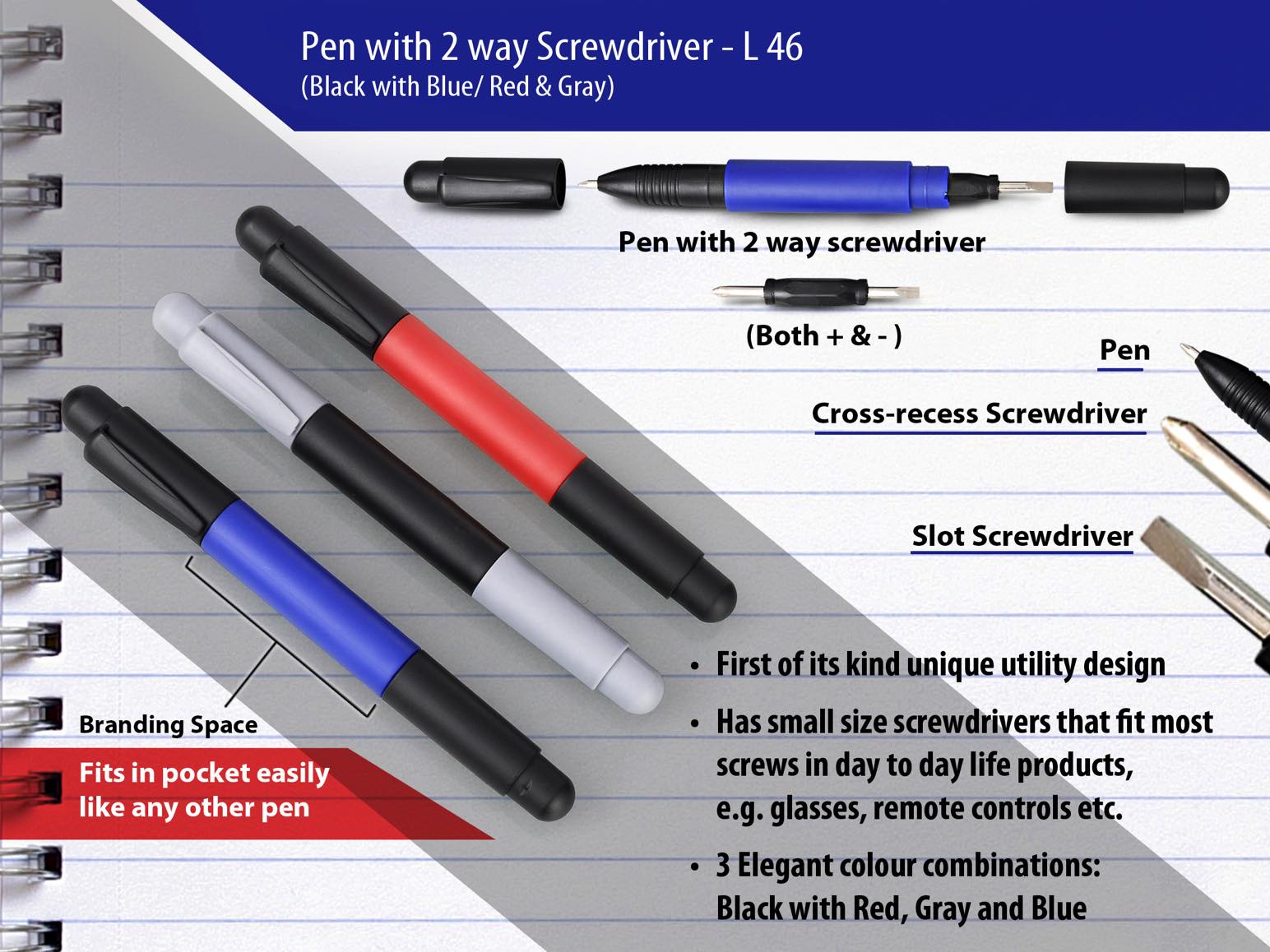 Pen with 2 way screwdriver