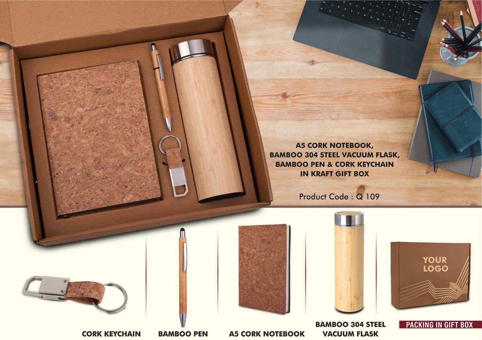 EcoSet 3- Set of A5 Cork notebook, Bamboo 304 Steel Vacuum Flask, Bamboo Pen & Cork Keychain in Kraft Gift Box