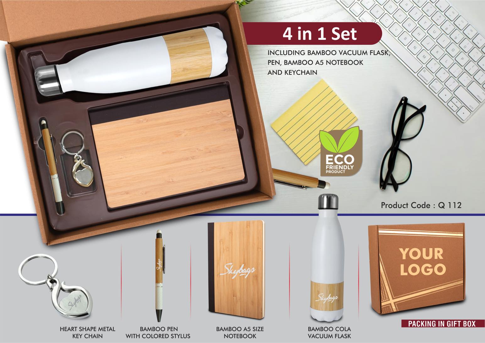 4 in 1 Bamboo set- Keychain, Bamboo vacuum flask, Bamboo pen and A5 bamboo cover notebook in Kraft Gift Box