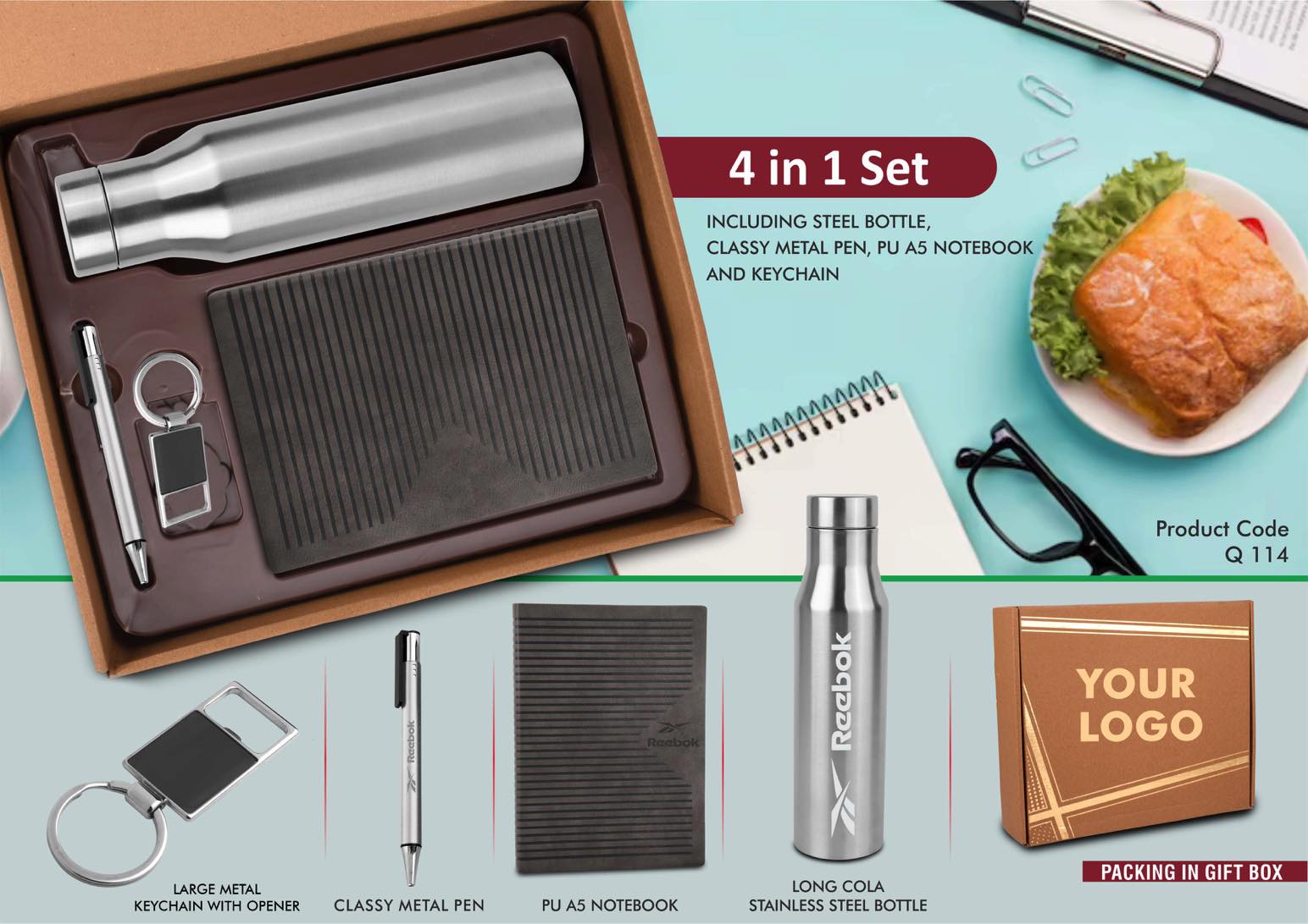 4 in 1 Gray set- Metal keychain, SS bottle, Metal Pen and A5 PU notebook in Kraft Gift Box