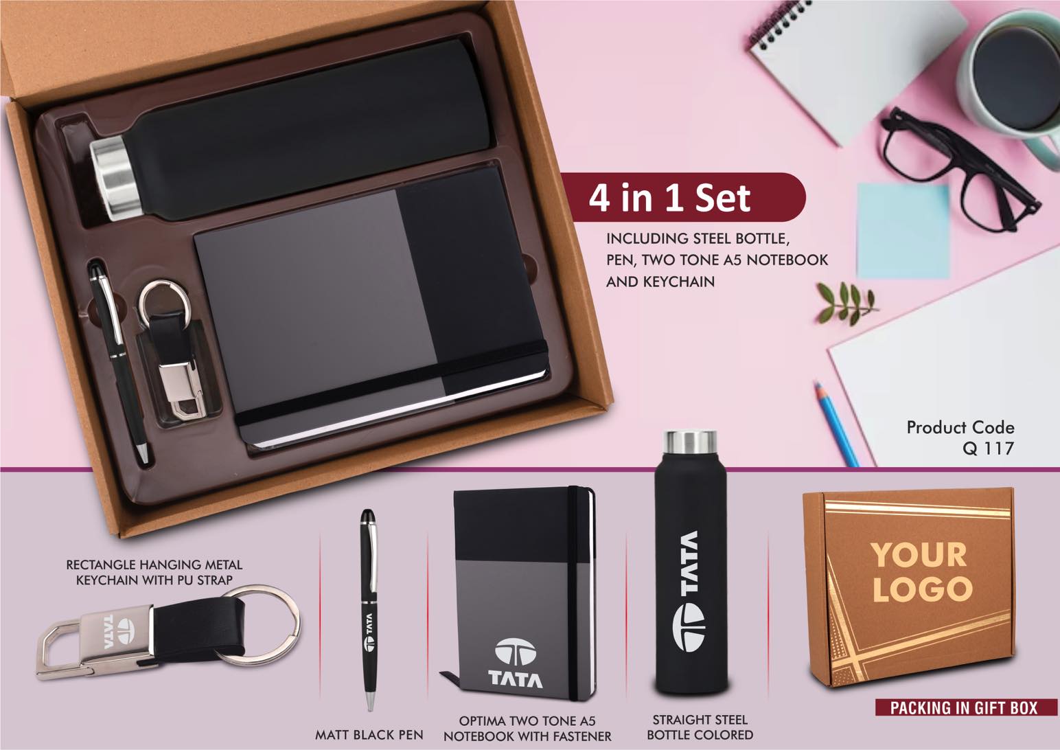 4 in 1 Dual Tone set- Rectangle metal keychain, SS colored bottle, Metal Pen and A5 PU notebook in Kraft Gift Box