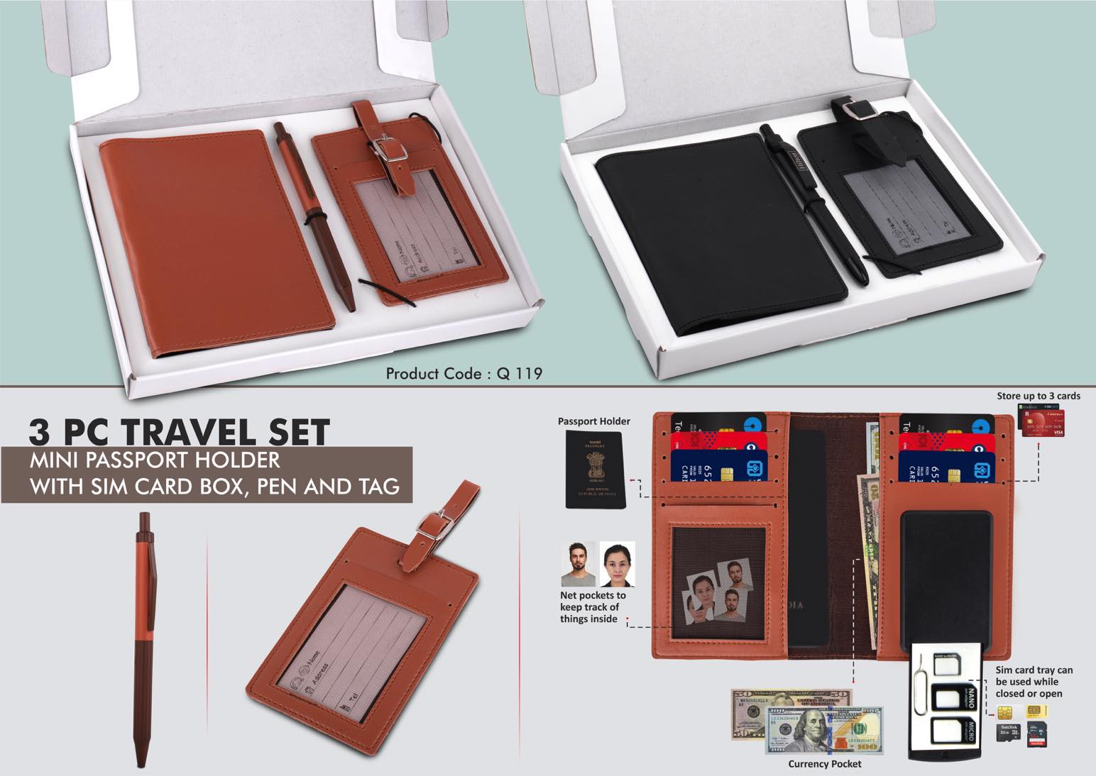 3 pc Travel set- Mini Passport holder with Sim card box, Luggage tag & Metal Pen in Gift box