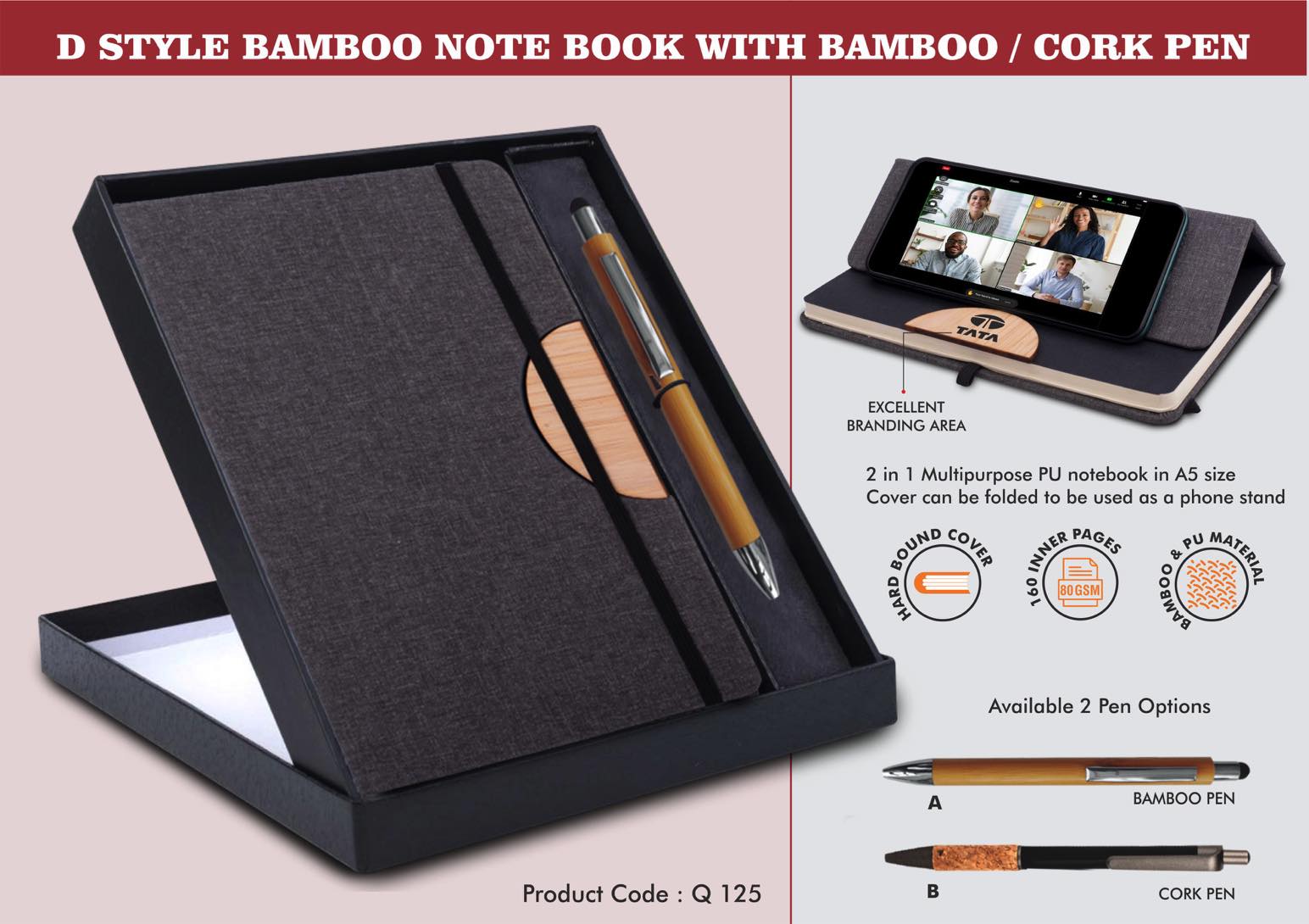 Notebook Gift set Eco- D Style Bamboo Note Book With Cork Pen