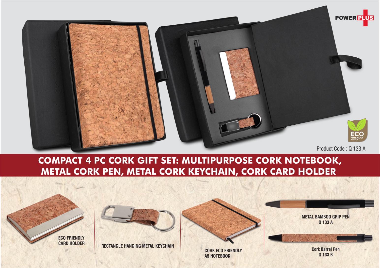 Compact 4 pc Cork gift set- Cork Notebook, Cork pen, Metal Cork Keychain, Cork Card holder