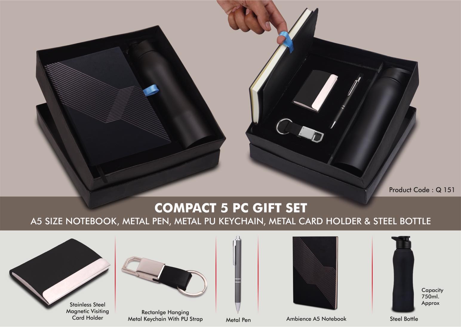 Compact 5 Pc Black Gift Set- A5 Size Notebook, Metal Pen, Metal Pu Keychain, Metal Card Holder and Straight Steel Bottle