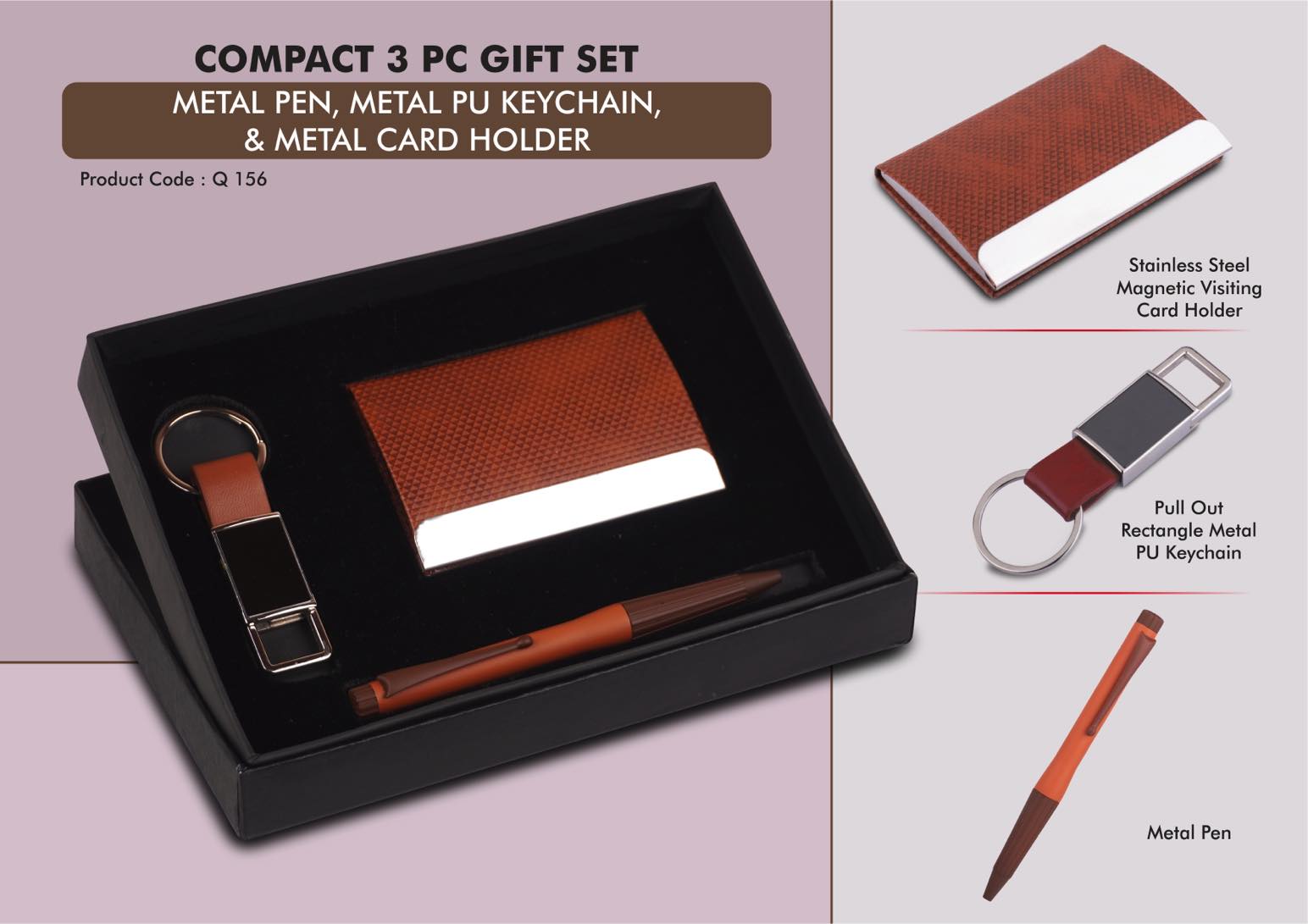 Compact 3 Pc Tan Gift Set- Metal Pen, Metal Pu Keychain, and Metal Card Holder