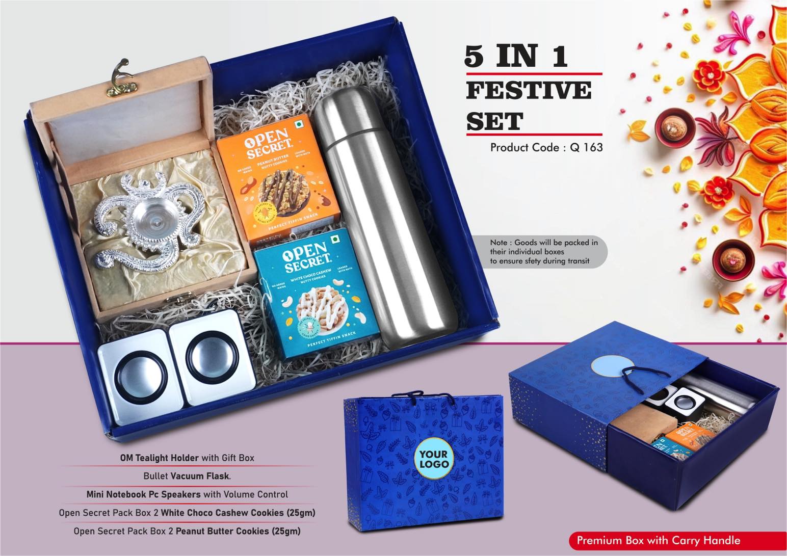 Festive Gift Set of 5- Om Tealight holder, Mini PC Speaker, Bullet Vacuum Flask, 2 Peanut Butter Cookies and 2 Choco Cashew Cookies